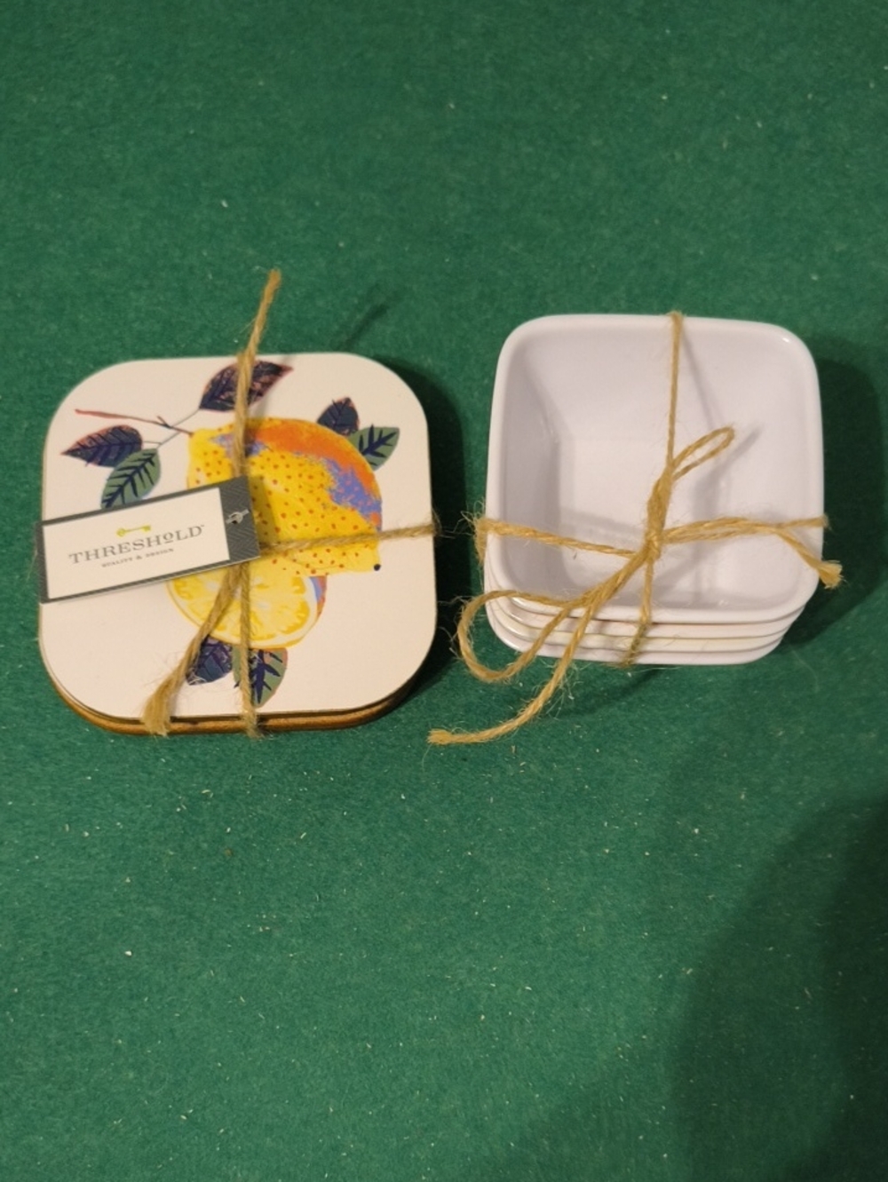 Threshold White Square Dipping Bowls with Yellow Lemon Coasters